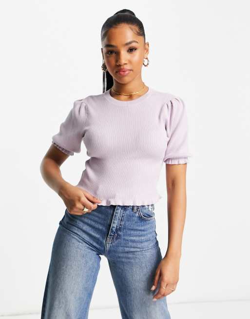 Miss Selfridge - Top a maniche corte con laccetto sul retro e fondo con volant lilla a coste