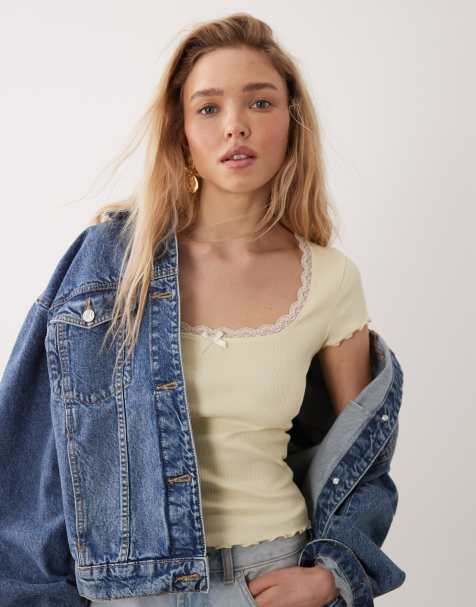 Miss Selfridge - Top a maniche corte giallo con scollo squadrato e finiture in pizzo - view 1