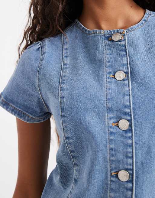 Miss Selfridge - Top a maniche corte in denim lavaggio blu asimmetrico, 3 di 4