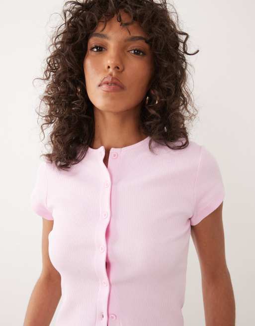 Miss Selfridge - Top a maniche corte rosa a coste con bottoni, 4 di 4