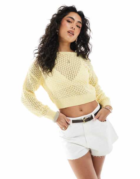 Miss Selfridge - Top a maniche lunghe all'uncinetto color limone con scollo a barchetta - view 1