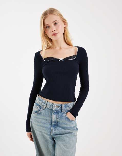 Miss Selfridge - Top a maniche lunghe blu navy a coste con dettagli in pizzo - view 1