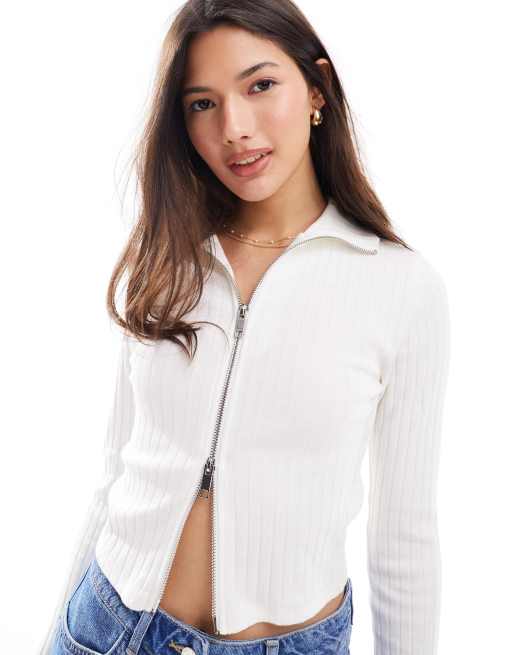 Miss Selfridge - Top a maniche lunghe color avorio a coste con zip