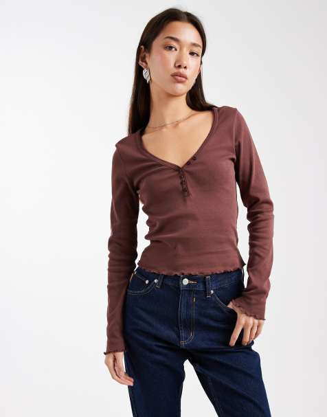 Miss Selfridge - Top a maniche lunghe color cioccolato a coste - view 1