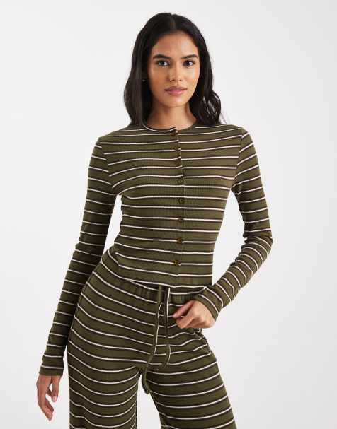 Miss Selfridge - Top a maniche lunghe color oliva a righe in coordinato - view 1