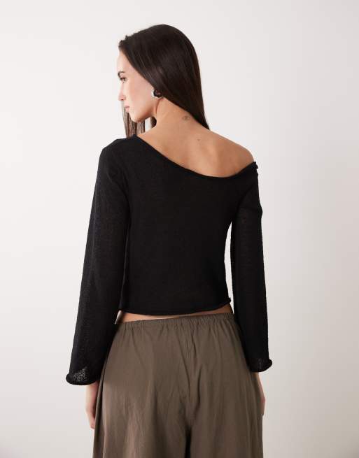 Miss Selfridge - Top a maniche lunghe con collo a imbuto nero in maglia trasparente, 4 di 4