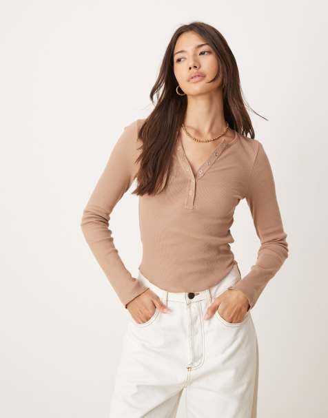 Miss Selfridge - Top a maniche lunghe con collo serafino e bottoni a pressione color zenzero - view 1