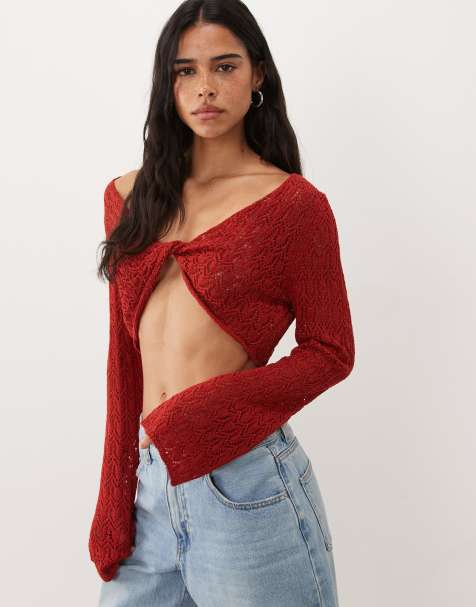 Miss Selfridge top a maniche lunghe con dettaglio intrecciato all'uncinetto rosso - view 1