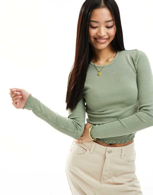 Miss Selfridge - Top a maniche lunghe girocollo verde salvia lavaggio acido