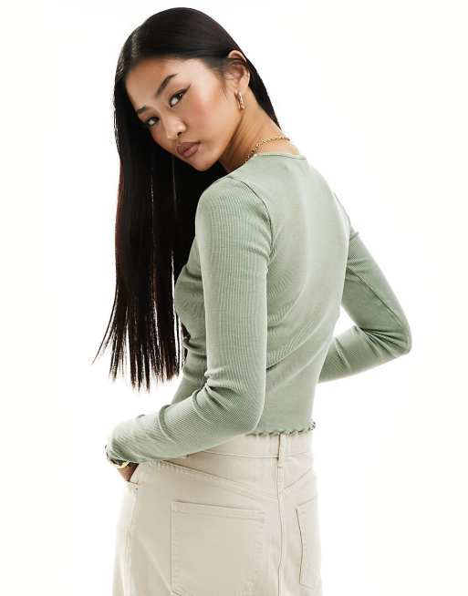 Miss Selfridge - Top a maniche lunghe girocollo verde salvia lavaggio acido, 3 di 4