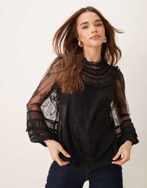 Miss Selfridge - Top a maniche lunghe in misto pizzo nero - view 1