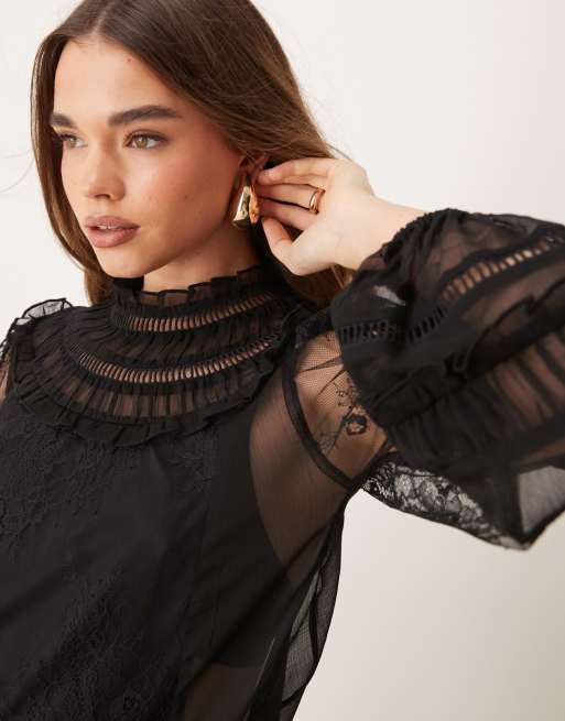 Koroshi Maglietta Donna A Maniche Lunghe Con Pizzo E Scollo Rotondo - Eleganza Femminile In Nero, 100% Poliestere - 3