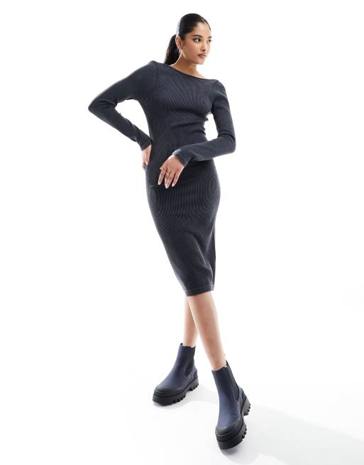 Miss Selfridge - Top a maniche lunghe midi a coste senza cuciture, colore antracite slavato