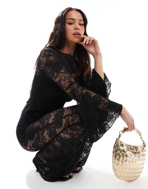 Miss Selfridge - Top a maniche lunghe molto svasate in pizzo nero - view 1