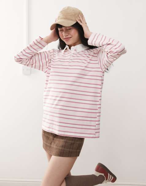 Miss Selfridge - Top a maniche lunghe stile rugby rosa a righe - view 1