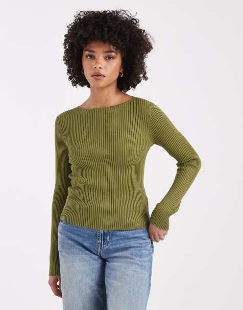Miss Selfridge - Top a maniche lunghe verde oliva in maglia a coste con scollo a barchetta - view 1