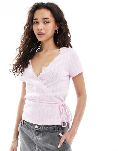 Miss Selfridge - Top a portafoglio con finiture in pizzo traforato - view 1