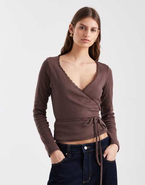 Miss Selfridge - Top a portafoglio traforato color cioccolato - view 1