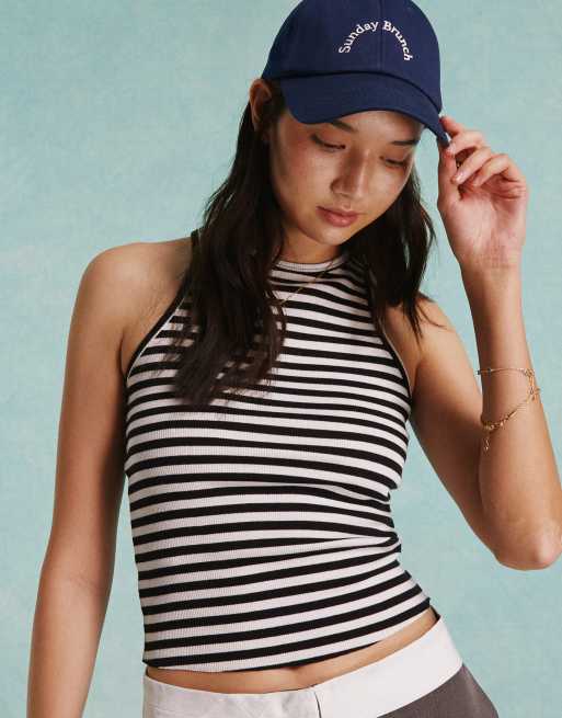 Miss Selfridge - Top a righe bianche e nere a coste con scollo a vogatore