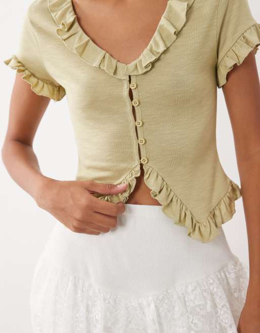 Miss Selfridge top à volants boutonné sur le devant col V vert olive, 2 de 4