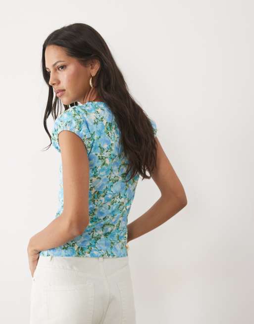 Miss Selfridge - Top abotonado con cuello barco y estampado floral abstracto, 4 de 4