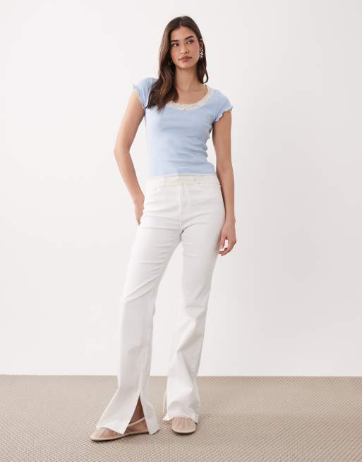Miss Selfridge - Top aderente azzurro a coste con scollo rotondo e finiture in pizzo, 3 di 4
