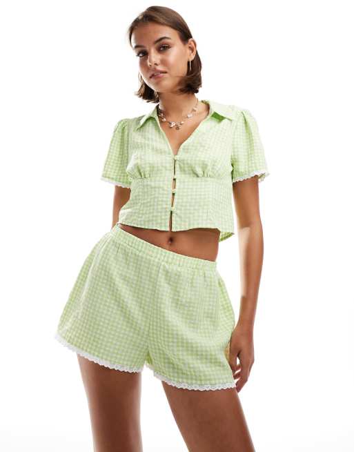Miss Selfridge - Top aderente corto verde a quadretti in coordinato