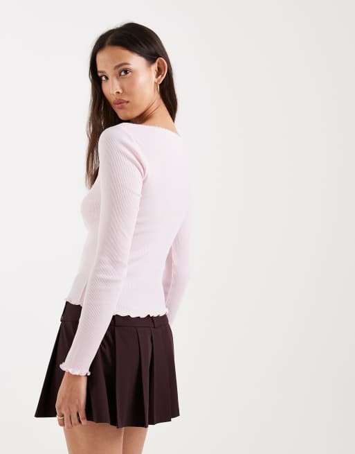 Miss Selfridge - Top aderente rosa a coste con finiture in pizzo e scollo quadrato, 3 di 4