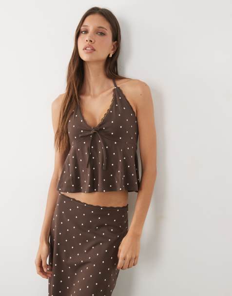 Miss Selfridge - Top allacciato al collo a coste con finiture in pizzo e pois - view 1