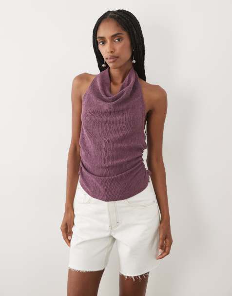Miss Selfridge top allacciato al collo color fico - view 1