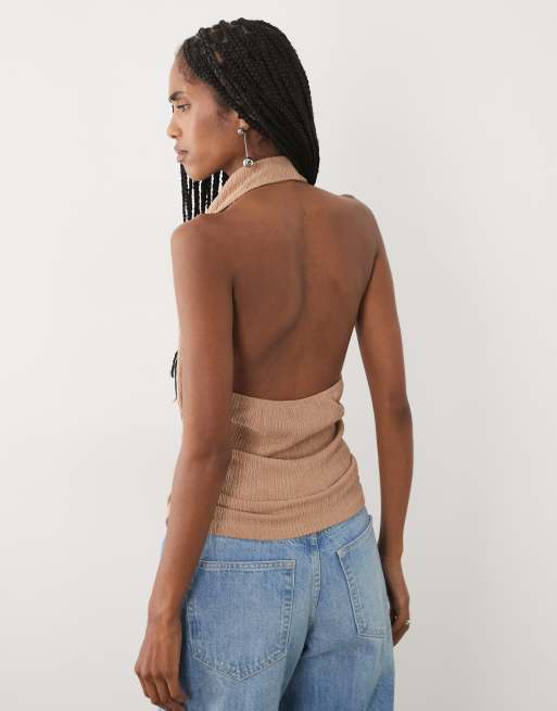 Miss Selfridge - Top allacciato al collo color pietra, 4 di 4