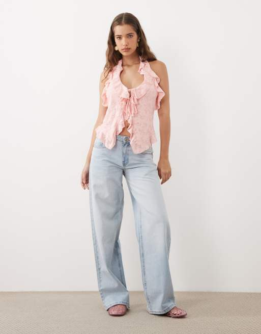 Miss Selfridge - Top allacciato al collo rosa allacciato sul davanti, 2 di 4
