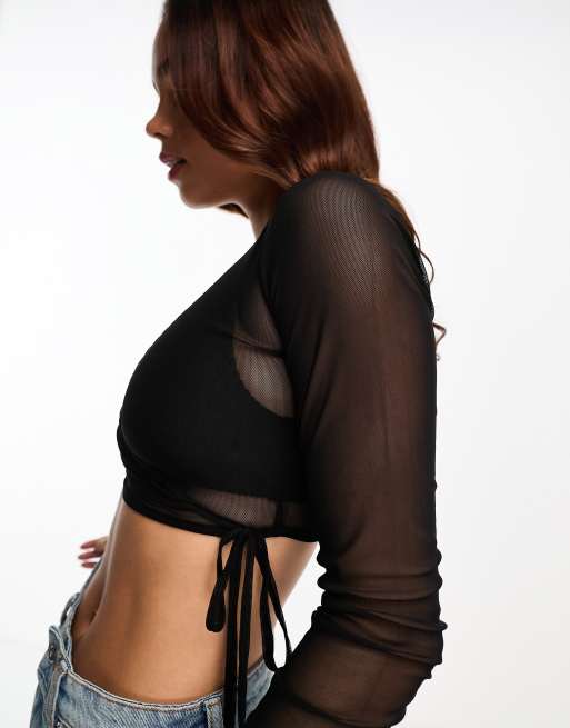Miss Selfridge - Top avvolgente a maniche lunghe trasparente nero, 2 di 4