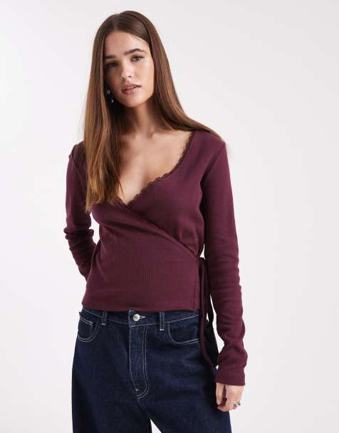 Miss Selfridge - Top avvolgente color prugna traforato - view 1