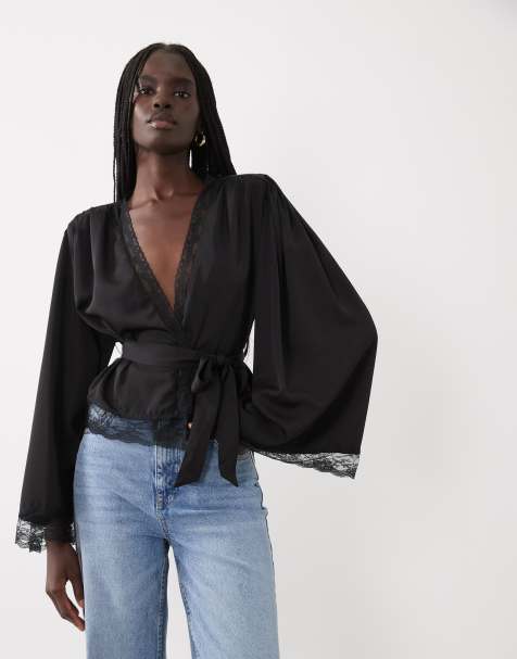 Miss Selfridge top avvolgente in raso nero - view 1