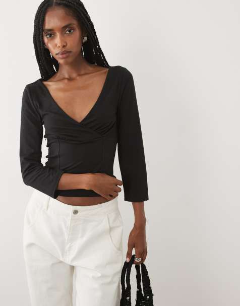 Miss Selfridge - Top avvolgente morbido al tatto nero con cuciture stile corsetto - view 1