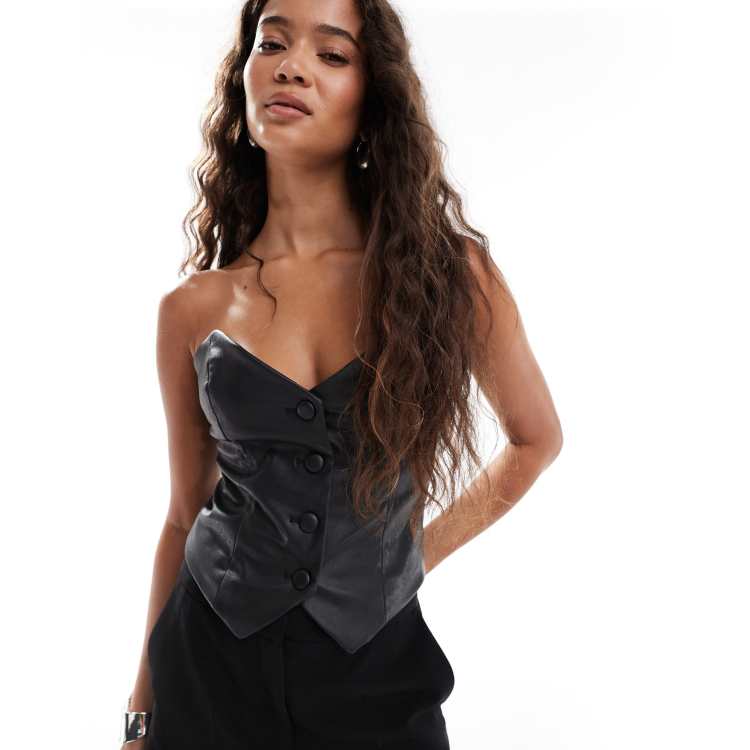 Miss Selfridge Top bandeau style corset en imitation cuir Noir