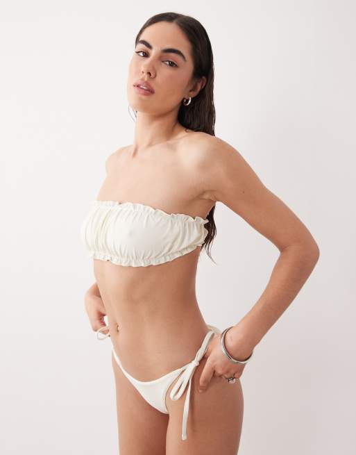 Miss Selfridge - Top bikini a fascia arricciato color crema, 3 di 4