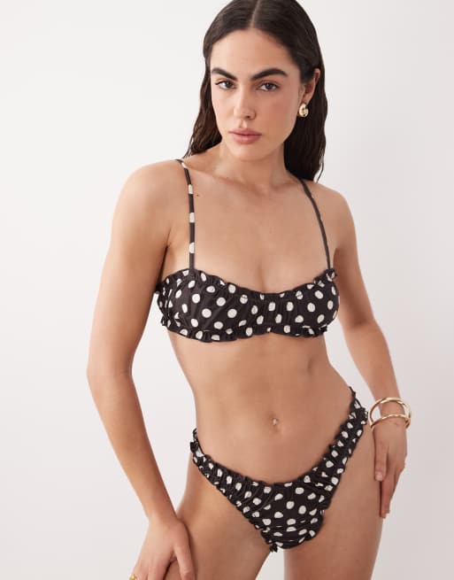 Miss Selfridge - Bikini arricciato con volant color cioccolato a pois, 2 di 3
