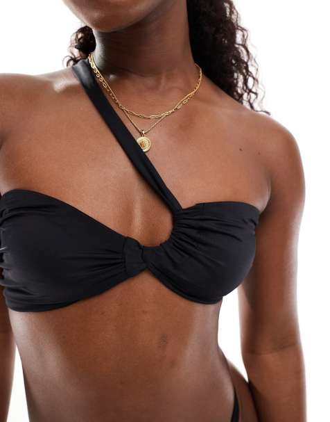 Miss Selfridge - Top bikini asimmetrico arricciato nero - view 1