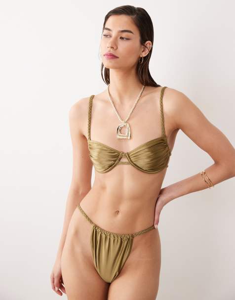 Miss Selfridge - Top bikini in raso verde oliva intrecciato con coppe arricciate - view 1