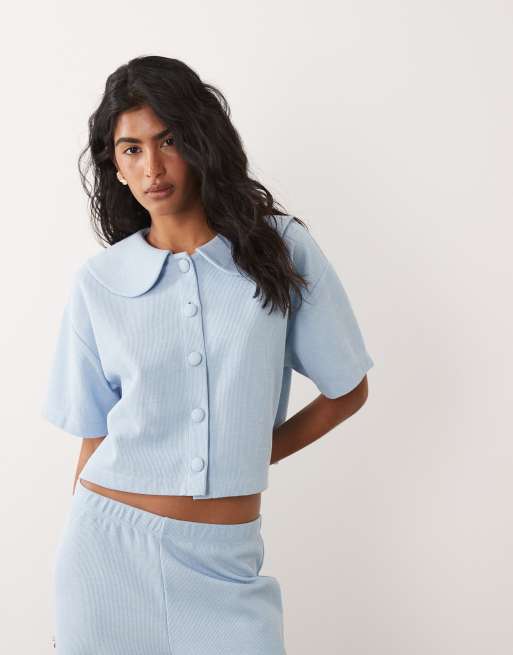 Miss Selfridge - Top boutonné à manches courtes et col Claudine - Bleu, 3 de 4