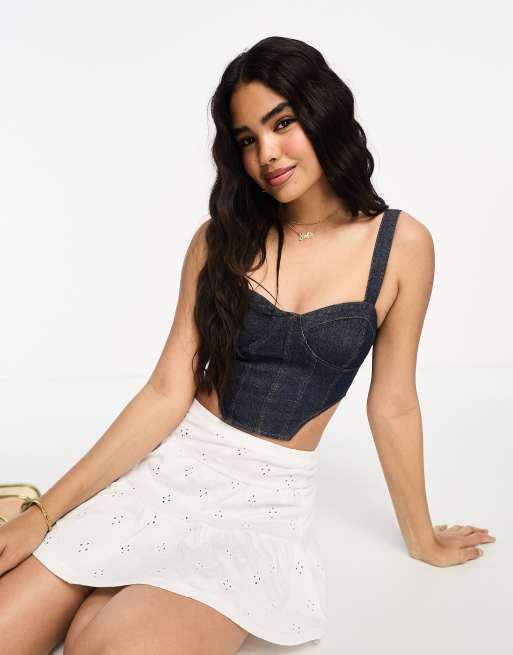 Miss Selfridge - Top brassière in denim color indaco con cuciture a contrasto