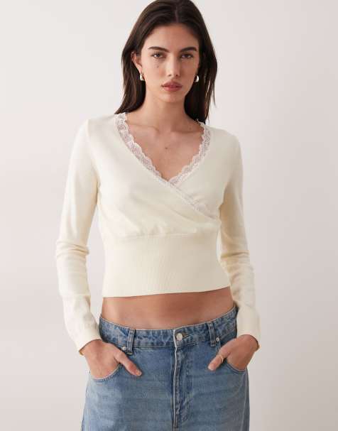 Miss Selfridge - Top cache-cœur en maille avec bordures en dentelle - view 1