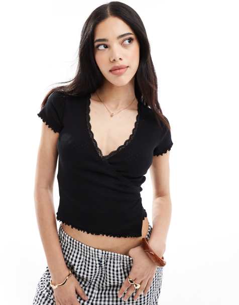 Miss Selfridge - Top cache-cœur en maille pointelle - Noir - view 1