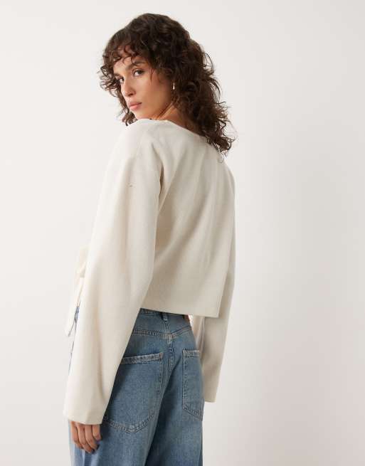 Miss Selfridge - Top cache-cœur en tissu côtelé doux avec bordures en dentelle - Crème, 4 de 4