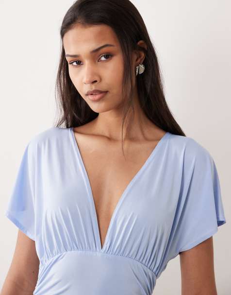 Miss Selfridge - Top col V à taille froncée - Bleu clair - view 1