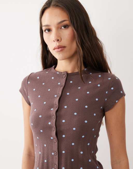 Miss Selfridge - Top color cioccolato a pois con bottoni, 3 di 4