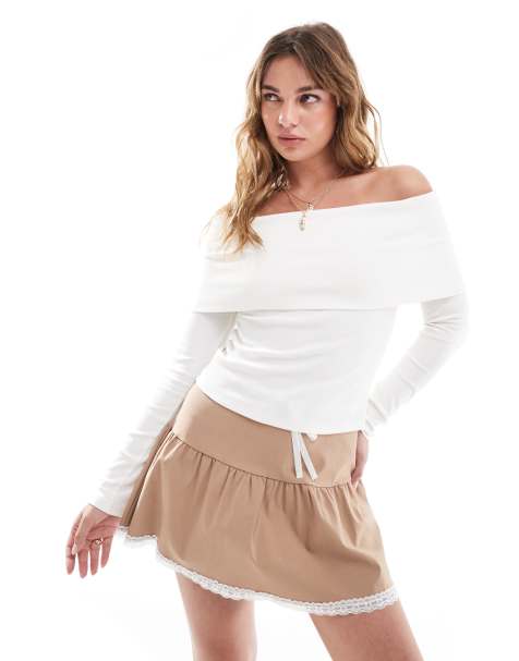 Miss Selfridge - Top color crema a coste con scollo alla Bardot e risvolto ampio - view 1