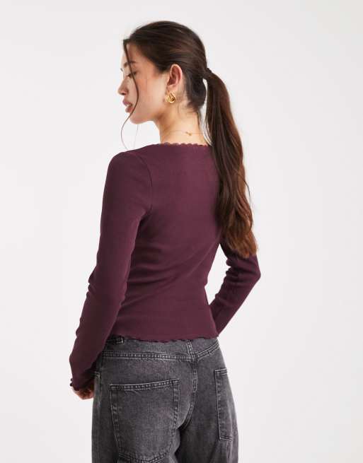 Miss Selfridge - Top color prugna a coste con scollo squadrato, 2 di 4